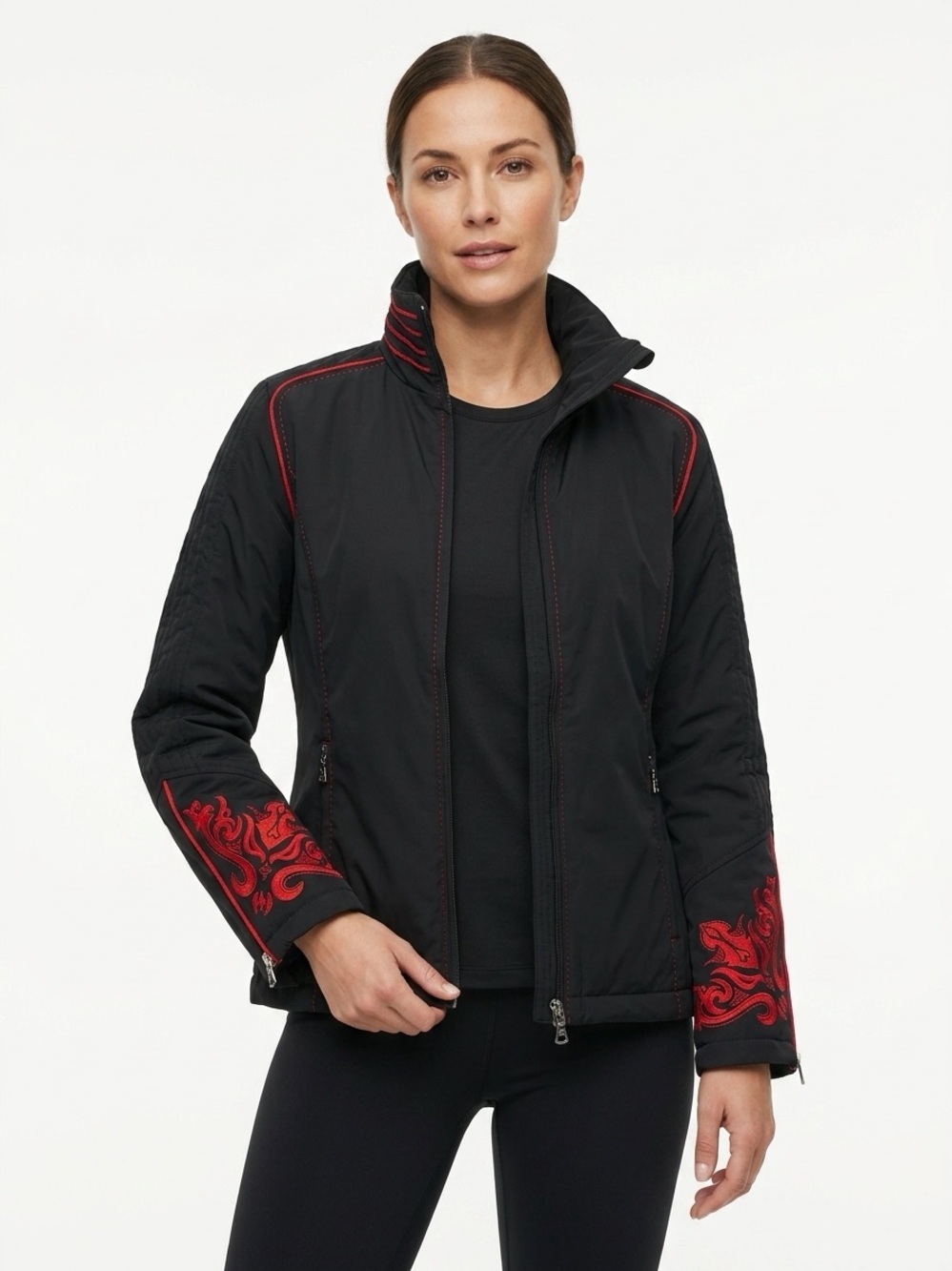 Bogner Goan Thymann Embroidered Zip Ski Jacket Polyurethane Black Red US 6